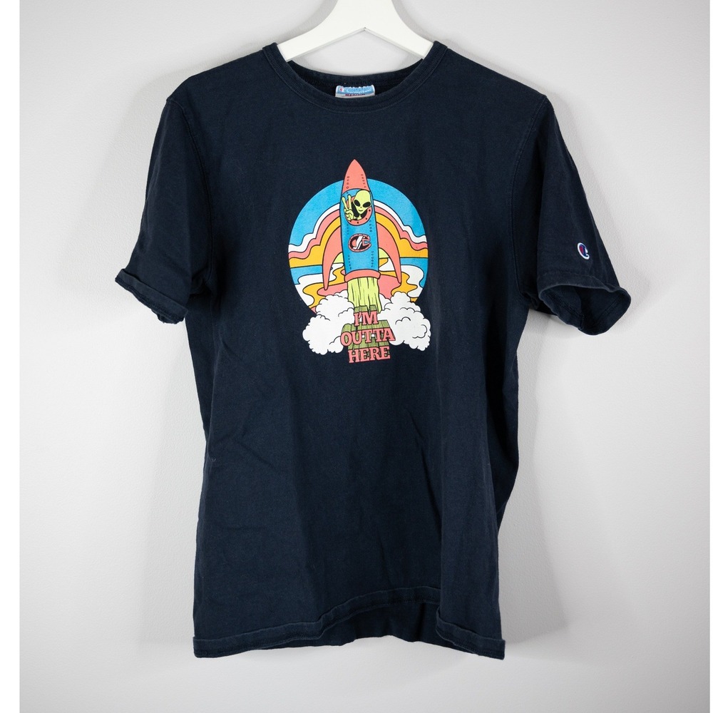 Champion Graphic T-Shirt Mens Medium Navy Blue Good Alien Rocket‎ Ship Tee